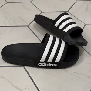 Adidas Black and White Striped Slides